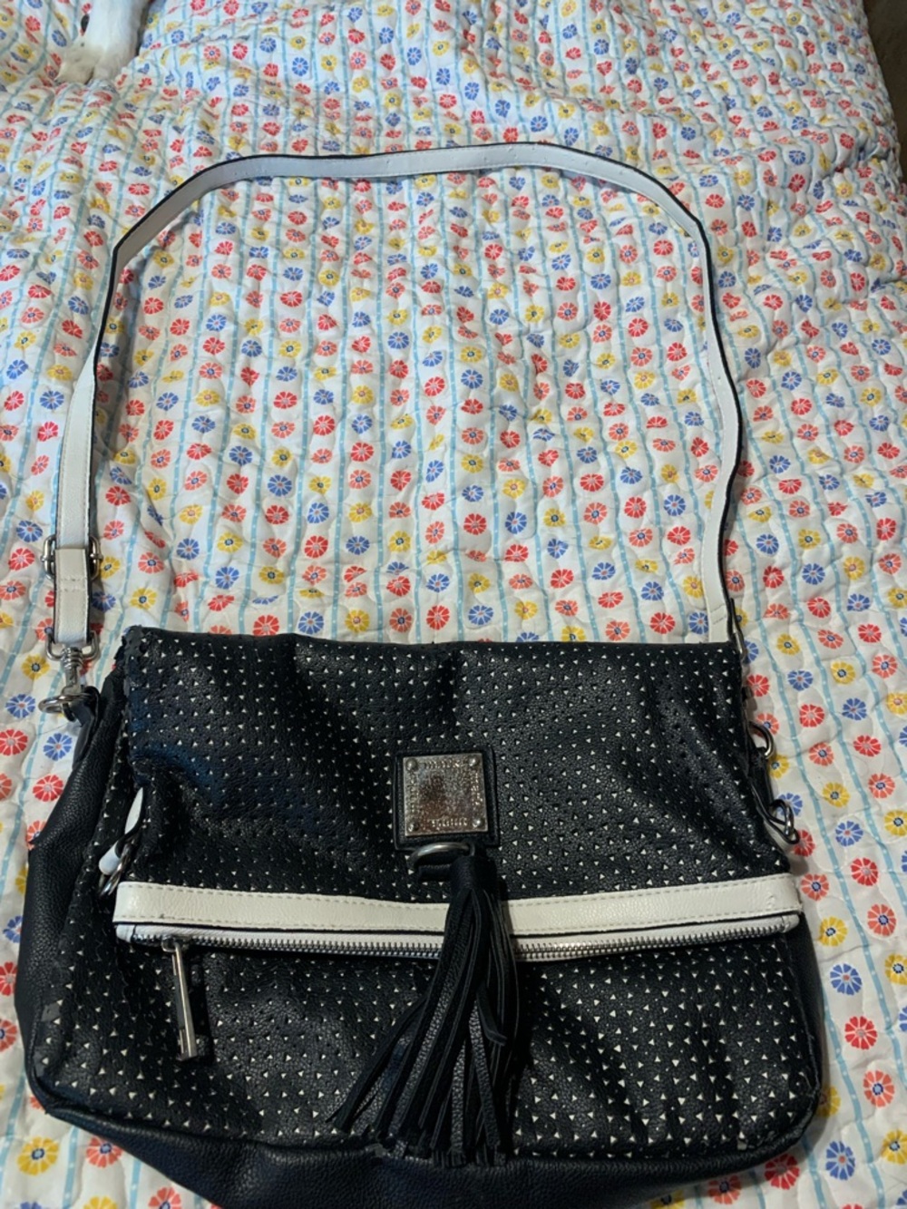 Black and White Women's Shoulder Bag with Stud Detail